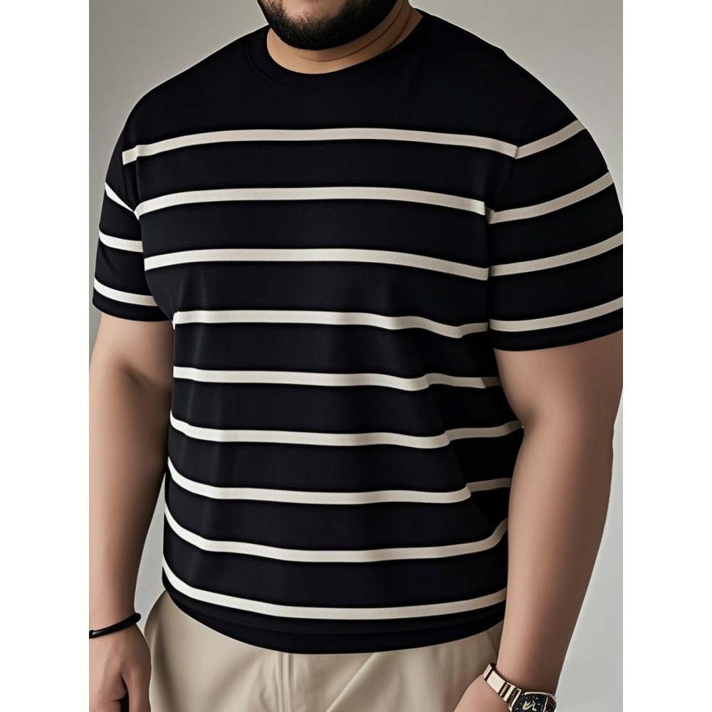 メンズカジュアルブラック&ホワイトストライプニットTシャツ - 通気性、半袖、ラウンドネック、夏のファッション、レギュラーフィット、カジュアルアットワール|ストライプTシャツ|ニットテクスチャー