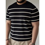 メンズカジュアルブラック&ホワイトストライプニットTシャツ - 通気性、半袖、ラウンドネック、夏のファッション、レギュラーフィット、カジュアルアットワール|ストライプTシャツ|ニットテクスチャー