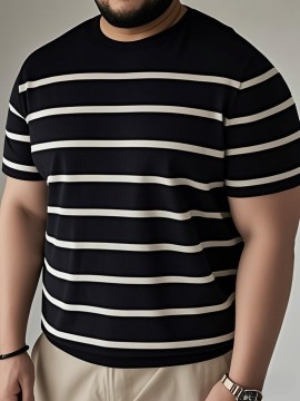メンズカジュアルブラック&ホワイトストライプニットTシャツ - 通気性、半袖、ラウンドネック、夏のファッション、レギュラーフィット、カジュアルアットワール|ストライプTシャツ|ニットテクスチャー