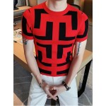 軽量感 | メンズ スリムフィット 半袖 ニットセーター - カジュアル 幾何学模様 プルオーバー、夏用 レッド＆ブラック ニットトップ、ラウンドネック、軽量＆通気性生地、プルオーバートップ | 幾何学模様セーター | 快適な着心地