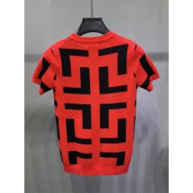 軽量感 | メンズ スリムフィット 半袖 ニットセーター - カジュアル 幾何学模様 プルオーバー、夏用 レッド＆ブラック ニットトップ、ラウンドネック、軽量＆通気性生地、プルオーバートップ | 幾何学模様セーター | 快適な着心地