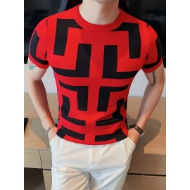 軽量感 | メンズ スリムフィット 半袖 ニットセーター - カジュアル 幾何学模様 プルオーバー、夏用 レッド＆ブラック ニットトップ、ラウンドネック、軽量＆通気性生地、プルオーバートップ | 幾何学模様セーター | 快適な着心地