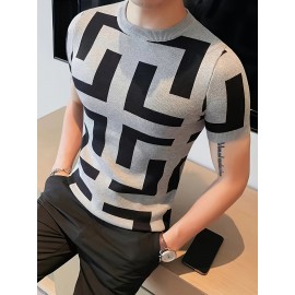軽量感 | メンズ スリムフィット 半袖 ニットセーター - カジュアル 幾何学模様 プルオーバー、夏用 レッド＆ブラック ニットトップ、ラウンドネック、軽量＆通気性生地、プルオーバートップ | 幾何学模様セーター | 快適な着心地
