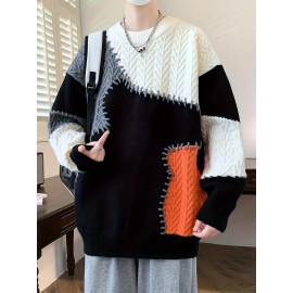 季節の多様性、メンズカラーブロックケーブルニットセーター - 暖かく、快適でスタイリッシュなリブカフス付き、長袖 - オールシーズン対応アクリルブレンドプルオーバー、多用途プルオーバー|カラーブロックデザイン|快適な質感