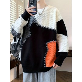 季節の多様性、メンズカラーブロックケーブルニットセーター - 暖かく、快適でスタイリッシュなリブカフス付き、長袖 - オールシーズン対応アクリルブレンドプルオーバー、多用途プルオーバー|カラーブロックデザイン|快適な質感