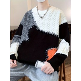 季節の多様性、メンズカラーブロックケーブルニットセーター - 暖かく、快適でスタイリッシュなリブカフス付き、長袖 - オールシーズン対応アクリルブレンドプルオーバー、多用途プルオーバー|カラーブロックデザイン|快適な質感
