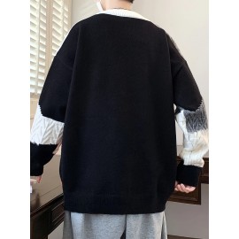 季節の多様性、メンズカラーブロックケーブルニットセーター - 暖かく、快適でスタイリッシュなリブカフス付き、長袖 - オールシーズン対応アクリルブレンドプルオーバー、多用途プルオーバー|カラーブロックデザイン|快適な質感