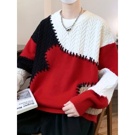 季節の多様性、メンズカラーブロックケーブルニットセーター - 暖かく、快適でスタイリッシュなリブカフス付き、長袖 - オールシーズン対応アクリルブレンドプルオーバー、多用途プルオーバー|カラーブロックデザイン|快適な質感