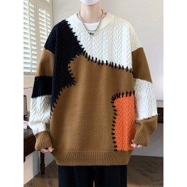 季節の多様性、メンズカラーブロックケーブルニットセーター - 暖かく、快適でスタイリッシュなリブカフス付き、長袖 - オールシーズン対応アクリルブレンドプルオーバー、多用途プルオーバー|カラーブロックデザイン|快適な質感