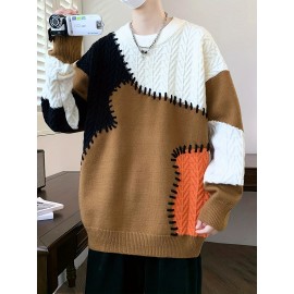 季節の多様性、メンズカラーブロックケーブルニットセーター - 暖かく、快適でスタイリッシュなリブカフス付き、長袖 - オールシーズン対応アクリルブレンドプルオーバー、多用途プルオーバー|カラーブロックデザイン|快適な質感