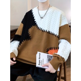 季節の多様性、メンズカラーブロックケーブルニットセーター - 暖かく、快適でスタイリッシュなリブカフス付き、長袖 - オールシーズン対応アクリルブレンドプルオーバー、多用途プルオーバー|カラーブロックデザイン|快適な質感