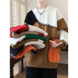 季節の多様性、メンズカラーブロックケーブルニットセーター - 暖かく、快適でスタイリッシュなリブカフス付き、長袖 - オールシーズン対応アクリルブレンドプルオーバー、多用途プルオーバー|カラーブロックデザイン|快適な質感