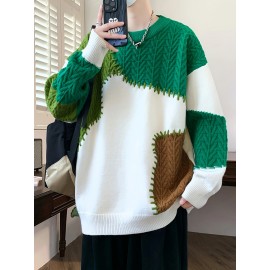 季節の多様性、メンズカラーブロックケーブルニットセーター - 暖かく、快適でスタイリッシュなリブカフス付き、長袖 - オールシーズン対応アクリルブレンドプルオーバー、多用途プルオーバー|カラーブロックデザイン|快適な質感