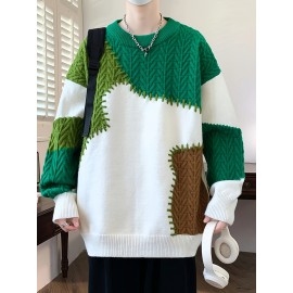 季節の多様性、メンズカラーブロックケーブルニットセーター - 暖かく、快適でスタイリッシュなリブカフス付き、長袖 - オールシーズン対応アクリルブレンドプルオーバー、多用途プルオーバー|カラーブロックデザイン|快適な質感