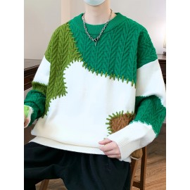 季節の多様性、メンズカラーブロックケーブルニットセーター - 暖かく、快適でスタイリッシュなリブカフス付き、長袖 - オールシーズン対応アクリルブレンドプルオーバー、多用途プルオーバー|カラーブロックデザイン|快適な質感