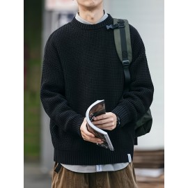 メンズカジュアル無地クルーネックセーター - 洗濯機可冬用暖かいニットプルオーバー、レギュラーフィット長袖秋冬服、秋ファッション｜テクスチャードニットウェア｜耐久性のあるセーター
