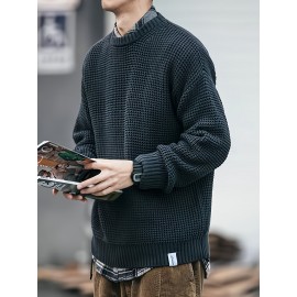 メンズカジュアル無地クルーネックセーター - 洗濯機可冬用暖かいニットプルオーバー、レギュラーフィット長袖秋冬服、秋ファッション｜テクスチャードニットウェア｜耐久性のあるセーター