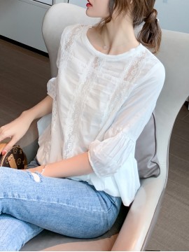 女性用ホワイトレースキャミソールトップ - 半透明シフォンブラウス、半袖＆ラウンドネック、ボタンフロントデザイン、洗濯機可、カジュアルまたはフォーマルウェアに適した多機能シフォンブラウス｜フェミニーンブラウス｜シックなシフォン素材