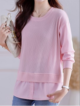 レディースナビーブルーストライプクルーネックセーター、フリルスリーブ付き - 秋と春のカジュアルな長袖トップ、リラックスフィット、ラウンドネックスウェーター|ストライプパターントップ|フリルスリーブトップ