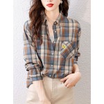 チェック柄ボタンシャツ、カジュアル、長袖、春秋用、レディース