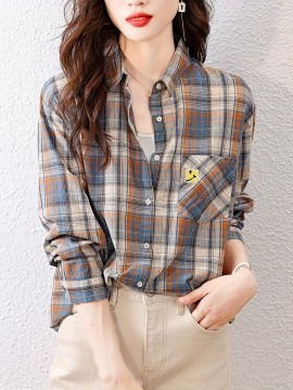 チェック柄ボタンシャツ、カジュアル、長袖、春秋用、レディース