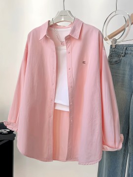 刺繍長袖シャツ、軽量、通気性抜群、UVカット、春夏秋用、ピンク/ホワイト