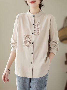 女性用春秋新作スタイル長袖シャツ、ゆったりカジュアルリネン製スタンドアップカラートップ