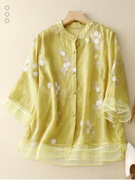 女性用ライトイエローリネンサマーレトロシャツ - アーティスティックメッシュ刺繍フローラルデザイン、七分袖、ラウンドネック、洗濯機可、春夏のカジュアルアウトに最適
