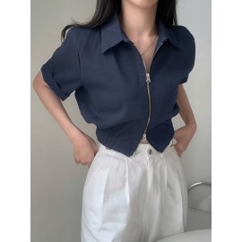 女性用カジュアルブラックショートスリーブジップアップシャツ、ラペルカラー付き - スタイリッシュで多用途の夏用トップ、週末のカジュアルファッションにぴったり