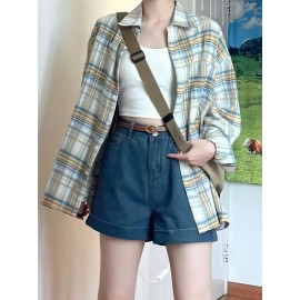 レディースカジュアルチェックシャツ、ストレート、フロントボタン、春夏レトロスタイル、チェックシャツレディースゆったりエレガントカジュアル春秋エレガントチェックシャツ長袖機洗い可能通勤通学に最適